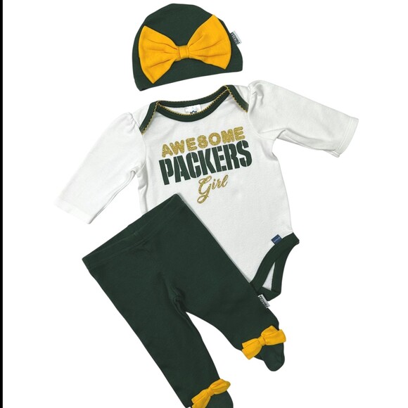 NFL Green Bay Packers Baby Girl Onesie Pants Hat Set 0-3 Months - Picture 2 of 10